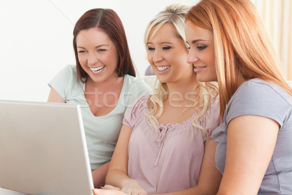 ストックフォト: 笑みを浮かべて · 女性 · 座って · ソファ · ノートパソコン · リビングルーム