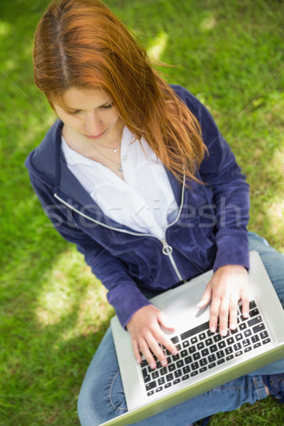 Stock photo: Pretty redhead relaxing in the park using laptop