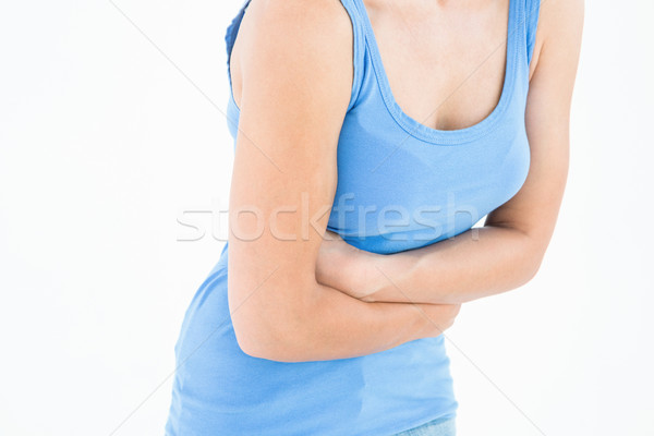 Foto stock: Doente · mulher · estômago · dor · branco · corpo