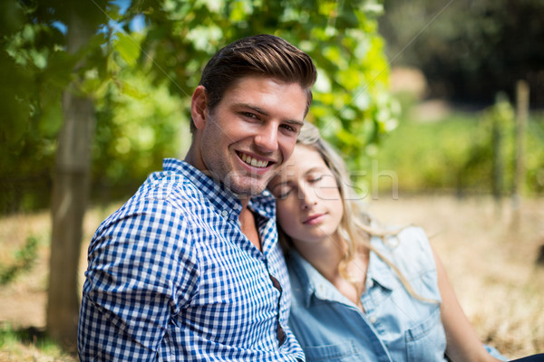 Foto stock: Mulher · adormecido · homem · ombro · vinha · sorridente