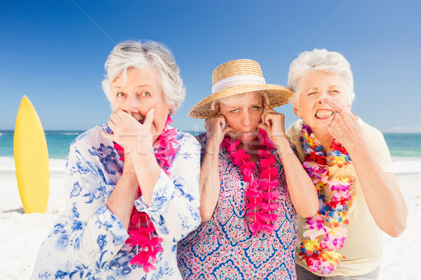 Starszy kobieta grymas plaży niebo morza Zdjęcia stock © wavebreak_media
