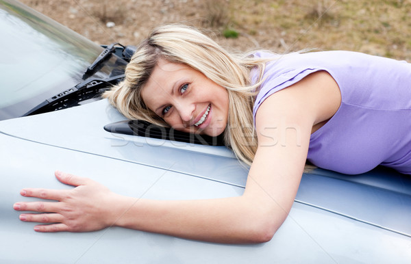 Foto stock: Alegre · jóvenes · conductor · coche · nuevo · femenino · mujer