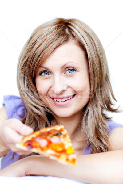 Joyeux femme pizza blanche alimentaire [[stock_photo]] © wavebreak_media