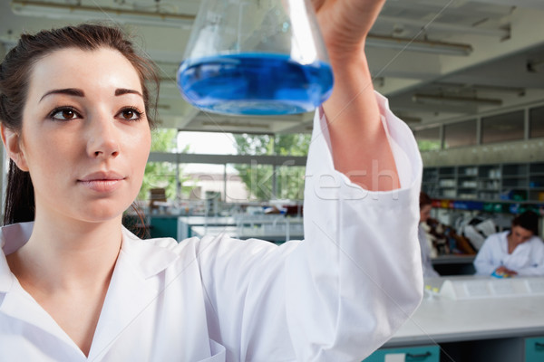 Science student looking at a blue liquid in an Erlenmeyer flask Stock photo © wavebreak_media