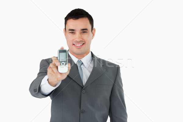 Foto stock: Sonriendo · empresario · teléfono · blanco · oficina