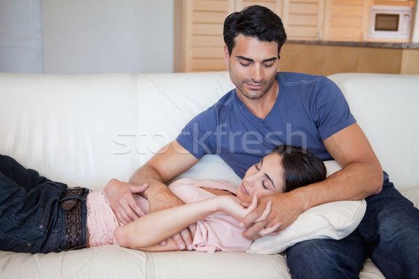 Hombre mirando esposa dormir salón amor Foto stock © wavebreak_media