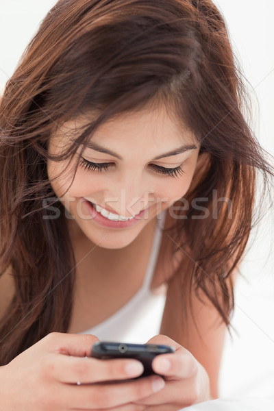 Foto stock: Tiro · mulher · sorrindo · mãos · sorrir