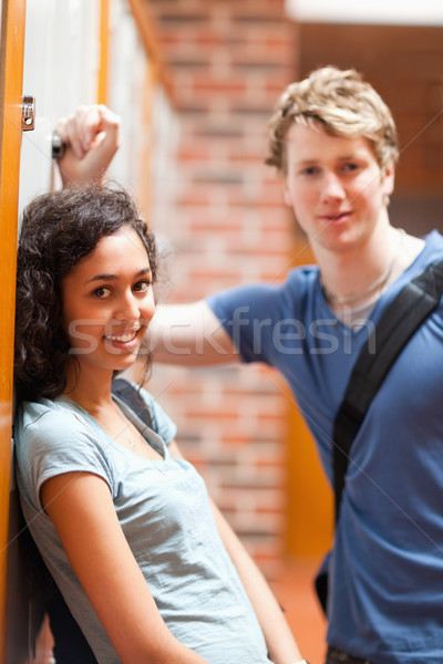 [[stock_photo]]: Portrait · cute · couple · flirt · couloir · visage