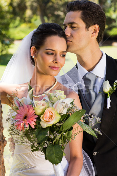 Vőlegény csók gyönyörű menyasszony park kilátás Stock fotó © wavebreak_media