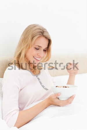 Foto stock: Mujer · sesión · loto · posición · ojos · cama