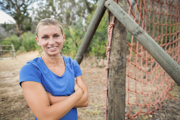 Foto stock: Caber · mulher · em · pé · bota · acampamento