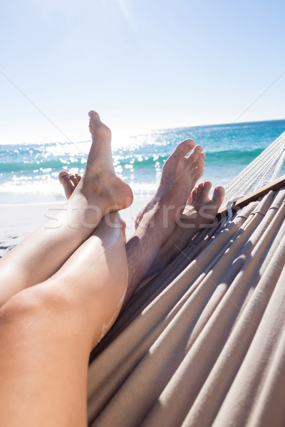 [[stock_photo]]: Heureux · couple · ensemble · hamac · plage · femme