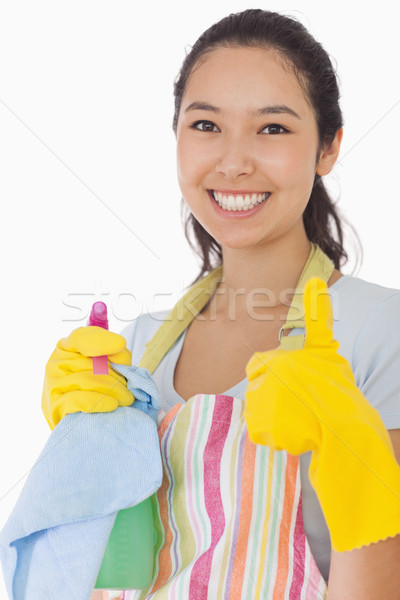 Foto stock: Mujer · sonriente · productos · de · limpieza · guantes · de · goma · feliz · femenino
