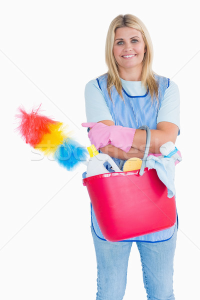 Foto stock: Mucama · rosa · cubo · blanco · mujer