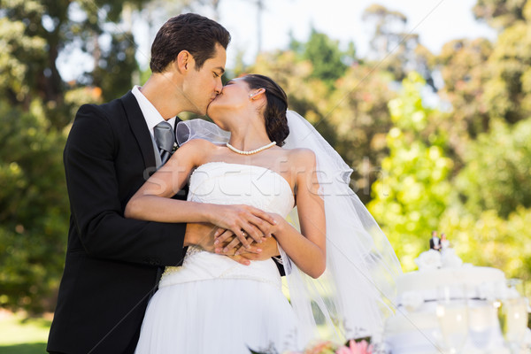 Newlywed kissing besides wedding cake at park Stock photo © wavebreak_media
