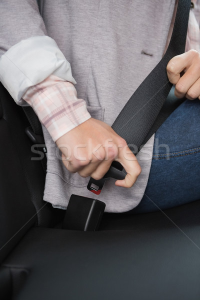 Foto stock: Mujer · asiento · cinturón · coche · carretera · seguridad