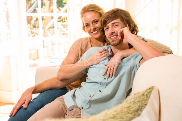 Stockfoto: Cute · paar · bank · woonkamer