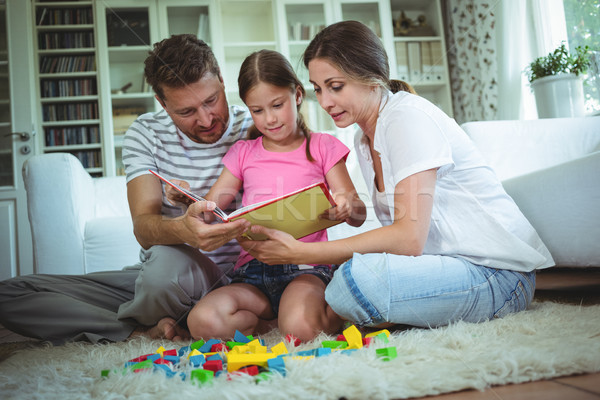 Foto stock: Pais · filha · leitura · livro · jogar · blocos · de · construção