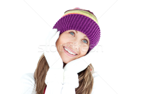 Cute vrouw glimlachen witte mode ruimte drinken Stockfoto © wavebreak_media