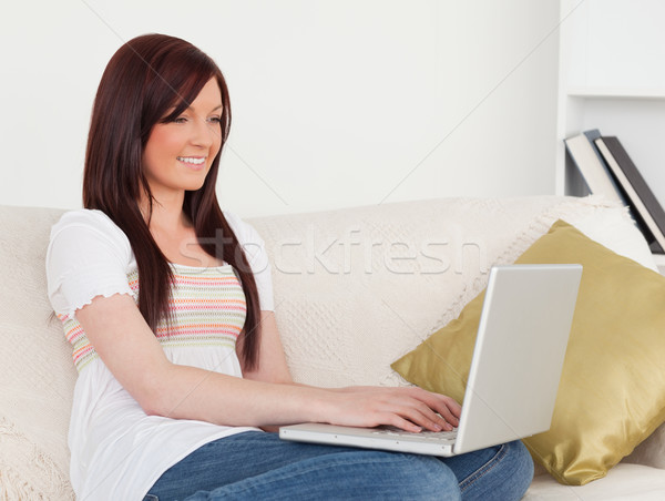Stock foto: Gut · aussehend · Frau · entspannenden · Laptop · Sitzung · Sofa