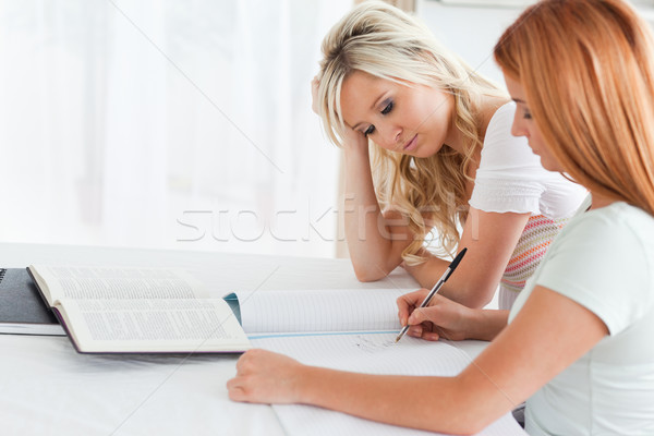 Exhausted Students sitting at a table doing their homework in a kitchen Stock photo © wavebreak_media