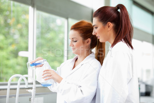 Young scientists pouring blue liquid in an Erlenmeyer flask in a laboratory Stock photo © wavebreak_media