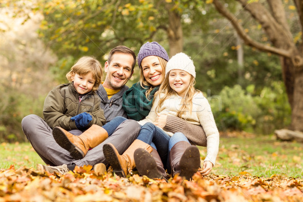 Stock foto: Lächelnd · jungen · Familie · Sitzung · Blätter · Frau