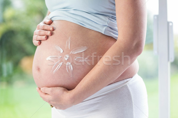 Stock fotó: Terhes · nő · krém · has · ablak · nő · nap