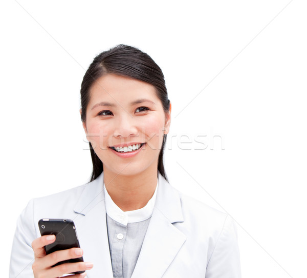 Stockfoto: Portret · positief · zakenvrouw · naar · telefoon · geïsoleerd