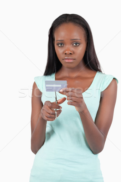 Triest vrouw creditcard stukken witte Stockfoto © wavebreak_media