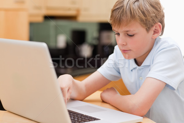 Сток-фото: мальчика · используя · ноутбук · кухне · компьютер · улыбка
