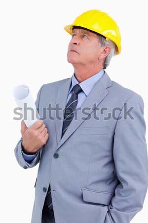 Smiling mature architect with helmet and plans against a white background Stock photo © wavebreak_media