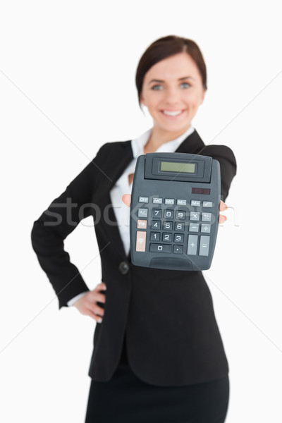 Heureux femme d'affaires costume noir simulateur blanche [[stock_photo]] © wavebreak_media