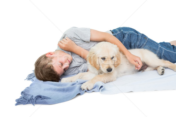 Junge schlafen cute Hund Decke wenig Stock foto © wavebreak_media