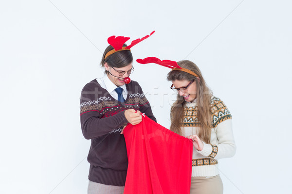 Happy geeky hipster couple with stag headband  Stock photo © wavebreak_media