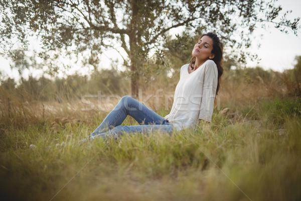 Young woman resting on grassy field at farm Stock photo © wavebreak_media