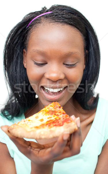 Vidám fiatal nő eszik pizza fehér lány Stock fotó © wavebreak_media