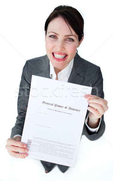 Stockfoto: Zakenvrouw · tonen · juridische · document · witte · achtergrond