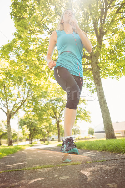 Stockfoto: Geschikt · blond · jogging · park · gezondheid