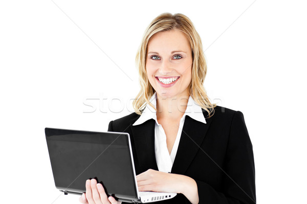 Stockfoto: Zakenvrouw · met · behulp · van · laptop · permanente · witte · kantoor