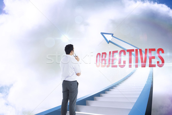 Objectives against red staircase arrow pointing up against sky Stock photo © wavebreak_media
