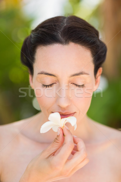 Stock photo: Happy brunette holding a white flower