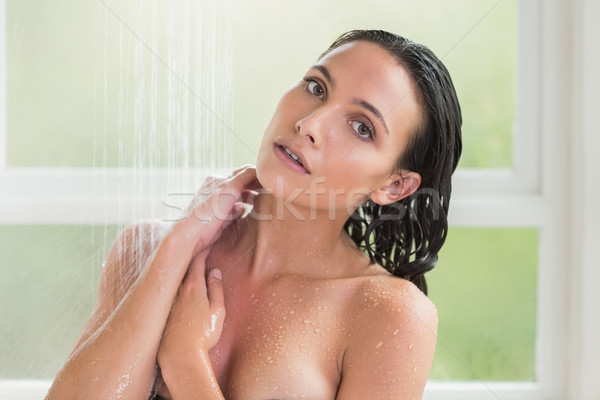 Stockfoto: Mooie · brunette · douche · badkamer · naakt