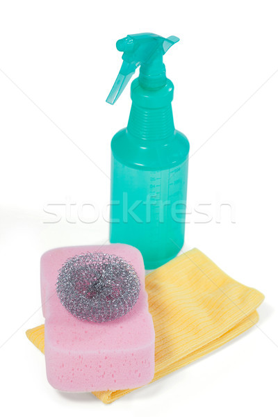 Detergent spray bottle, scrubber, sponge pad and napkin cloth on white background Stock photo © wavebreak_media