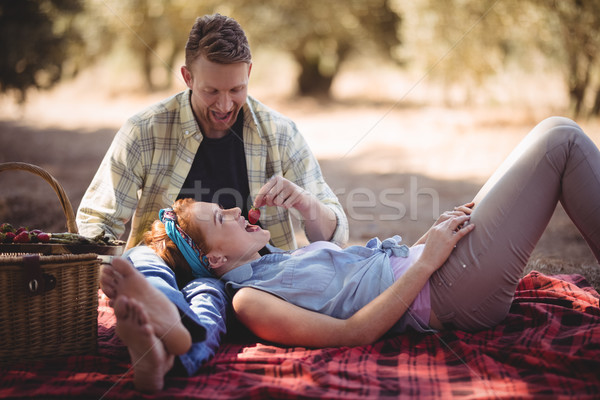 Cheerful man feeding strawberry to woman at farm Stock photo © wavebreak_media