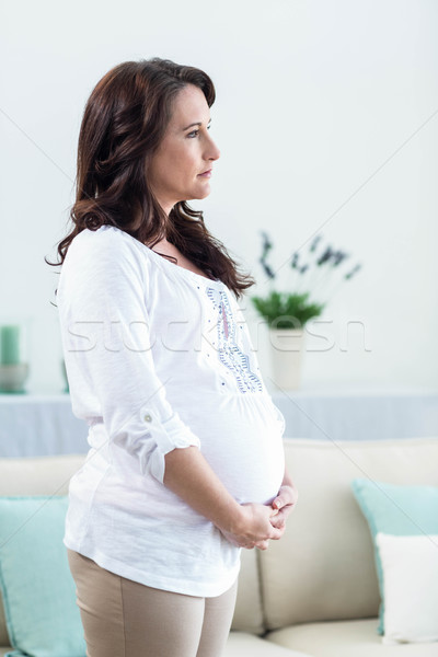 Foto d'archivio: Donna · incinta · soggiorno · home · donna · incinta · divano