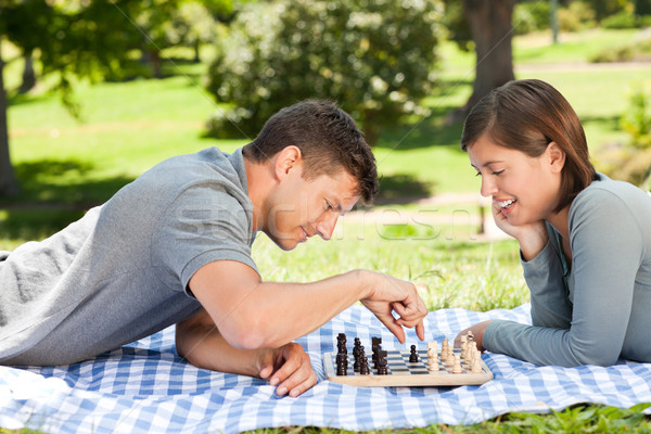 Foto stock: Casal · jogar · xadrez · parque · mulher · família