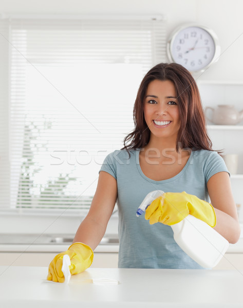 Weiblichen Hausarbeit Spray Küche Blumen Stock foto © wavebreak_media