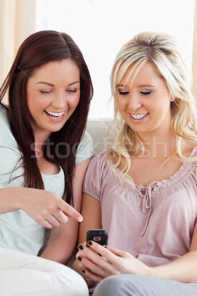 Aranyos nők ül kanapé telefon nappali Stock fotó © wavebreak_media