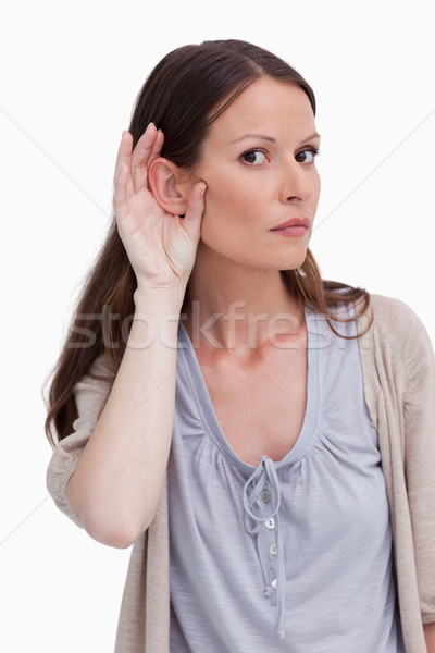 Kobieta słuchania biały tle głowie Zdjęcia stock © wavebreak_media
